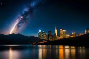 the milky way over the city skyline at night. AI-Generated photo