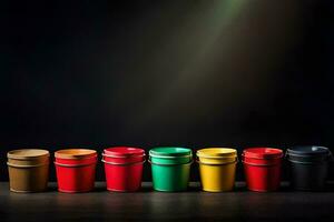 a row of colorful plastic cups on a black background. AI-Generated photo