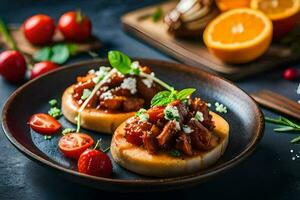 dos pequeño platos con comida en a ellos. generado por ai foto