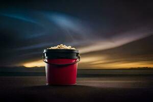 a bucket of popcorn on a dark road. AI-Generated photo