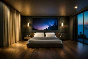 a modern bedroom with a large painting on the wall. AI-Generated photo