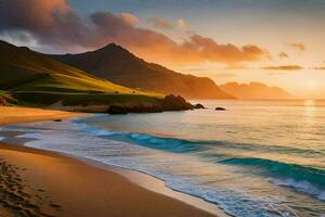 the beach and the sea at sunset. AI-Generated photo