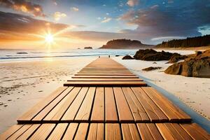 a wooden walkway leads to the beach at sunset. AI-Generated photo