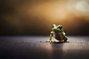 a frog is sitting on the ground in front of a blurry background. AI-Generated photo