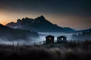 a small cabin in the mountains with fog and mountains in the background. AI-Generated photo