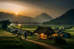 photo wallpaper the sky, mountains, rice, people, hut, sunrise, the mountains, the. AI-Generated