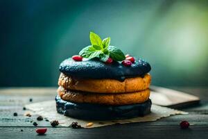 a stack of three chocolate cakes with mint leaves. AI-Generated photo