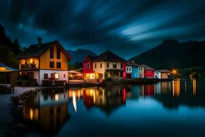 foto fondo de pantalla el cielo, montañas, lago, casas, el noche, el lago, el montañas. generado por ai