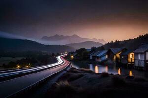 un largo exposición foto de un la carretera y casas en el montañas. generado por ai