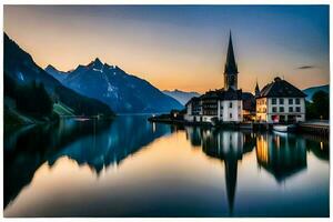 a church and a mountain in the background at sunset. AI-Generated photo