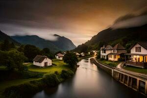 un río carreras mediante un pueblo a puesta de sol. generado por ai foto