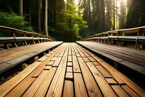 un de madera puente en el bosque con Dom brillante a través de. generado por ai foto