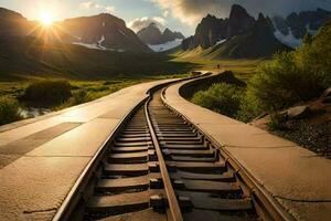 a railroad track leading to a mountain range. AI-Generated photo