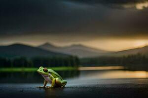 a frog sits on the shore of a lake in front of a stormy sky. AI-Generated photo