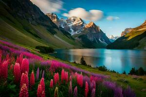the lake is surrounded by pink flowers and mountains. AI-Generated photo