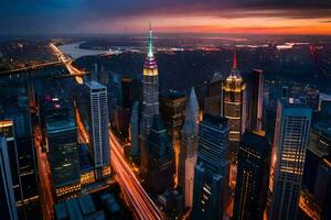 el ciudad horizonte a oscuridad en nuevo york generado por ai foto