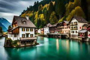 a river runs through a town in the mountains. AI-Generated photo