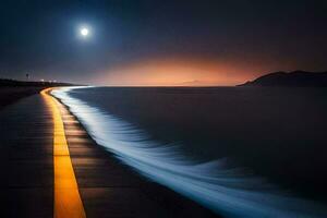 a long exposure photograph of the ocean and a moonlit road. AI-Generated photo