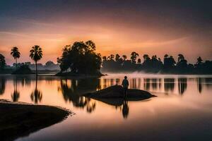 a man stands on a rock in the middle of a lake at sunset. AI-Generated photo