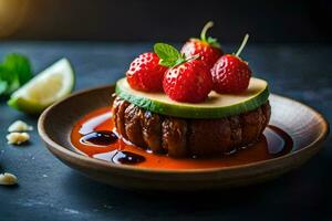 a dessert with strawberries and avocado. AI-Generated photo