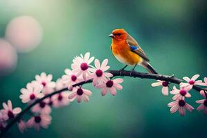 un pequeño pájaro es encaramado en un rama de un rosado flor. generado por ai foto