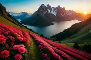 the sun rises over the mountains and flowers in the foreground. AI-Generated photo