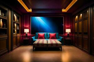 un dormitorio con un azul sofá y un pared mural. generado por ai foto