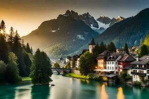 photo wallpaper mountains, the sun, lake, switzerland, the alps, switzerland,. AI-Generated