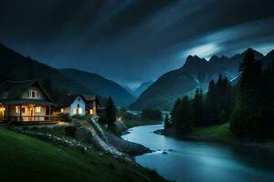 photo wallpaper the sky, mountains, river, house, night, river, mountain, house,. AI-Generated