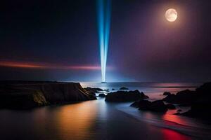 a light beam shines over the ocean at night. AI-Generated photo