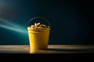 a bucket of coins on a table. AI-Generated photo