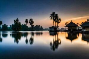 a lake with palm trees and huts at sunset. AI-Generated photo