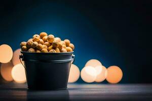 a bucket full of nuts on a table. AI-Generated photo