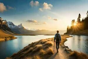 a person walking along a path near a lake. AI-Generated photo