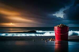 a bucket of nuts on the beach. AI-Generated photo