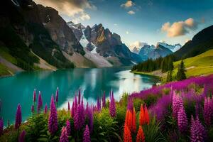el lago es rodeado por púrpura flores y montañas. generado por ai foto