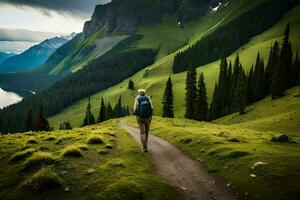 a man walks along a path in the mountains. AI-Generated photo