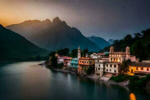 photo wallpaper the sky, mountains, river, house, sunset, the city, india,. AI-Generated