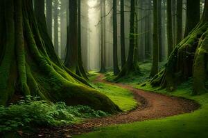 un camino mediante un bosque con cubierto de musgo arboles generado por ai foto