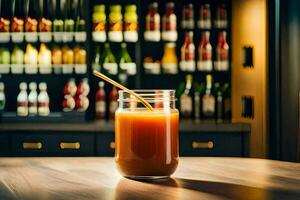 a glass of orange juice sitting on a table in front of a bar. AI-Generated photo