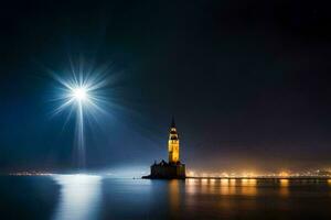 the light shines on a lighthouse in the night. AI-Generated photo