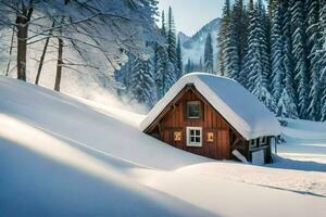 un pequeño cabina en el nieve. generado por ai foto
