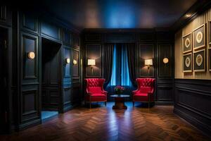 el habitación tiene oscuro madera revestimiento de madera y rojo sillas. generado por ai foto