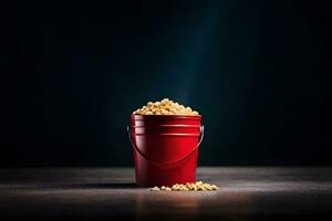 a red bucket filled with popcorn on a dark background. AI-Generated photo