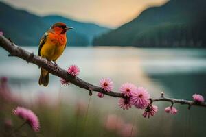 foto fondo de pantalla pájaro, el cielo, lago, flores, montañas, pájaro, el cielo, lago. generado por ai