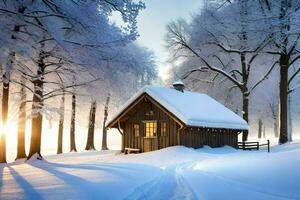 a cabin in the snow with trees and snow. AI-Generated photo
