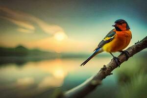 a colorful bird sits on a branch near a lake. AI-Generated photo