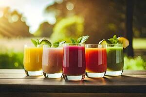 five different juices in glasses on a table. AI-Generated photo