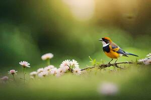 a small bird is standing on a branch with flowers. AI-Generated photo