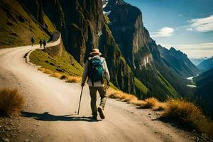 un hombre con un mochila caminando abajo un montaña la carretera. generado por ai foto